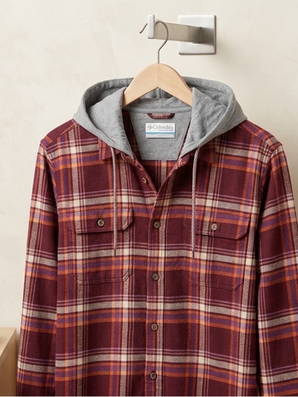 Columbia Maroon, Mustard & Gray Plaid Hooded Shirt Jacket